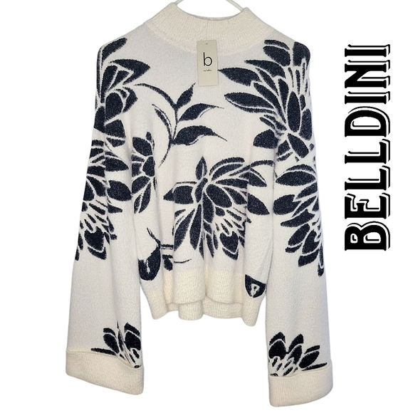 Belldini Sweaters - Super Soft Belldini Ivory Black Floral High Neck Sweater Oversized Sleeves NEW